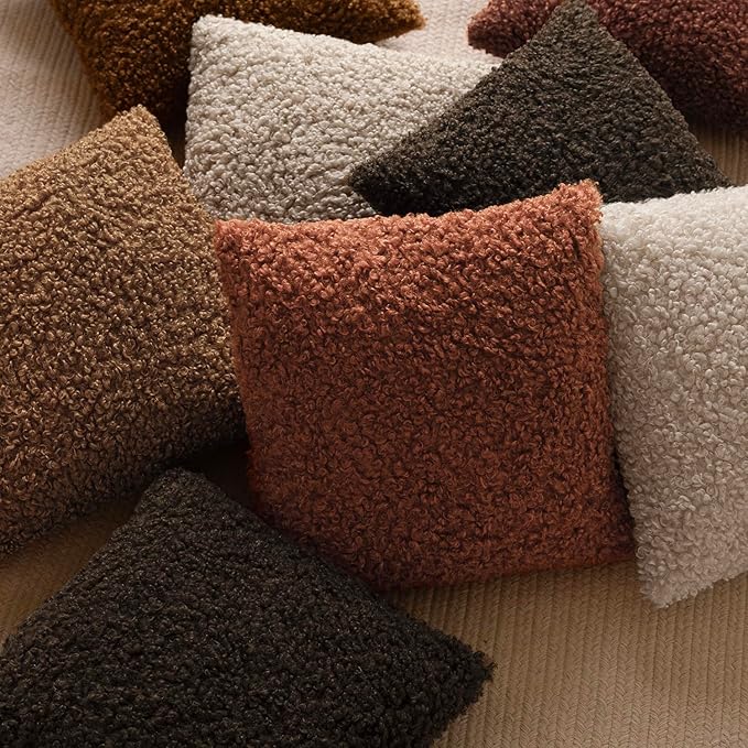 Foindtower Set of 2 Curly Teddy Wool Pillow Covers Decorative Boucle Textured Lumbar Throw Pillow Faux Fur Sherpa Pillowcases Sheepskin Fuzzy Cushion Case for Sofa Bedroom Car 12"x20" Dark Brown