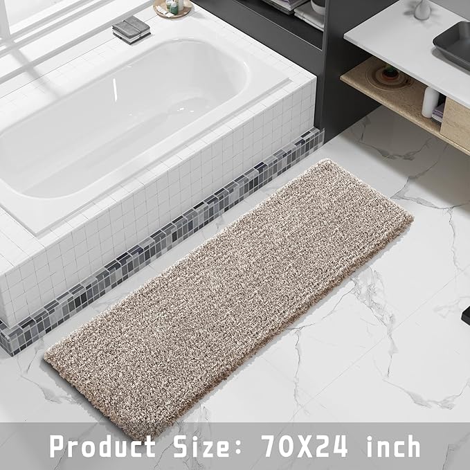 Yimobra Luxury Bathroom Rugs, Fluffy Bath Mats, Non Slip, Water Absorbent Microfiber, Machine Washable, Plush Runner Shower Rugs, Thick Matts for Bathroom Floor&Tub, 70"x 24", Light Brown and White