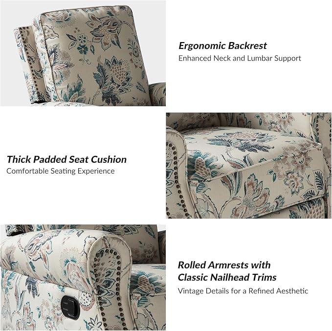 HULALA Home Modern Rocker Recliner, Printed Fabric Swivel Glider with Adjustable Backrest & Footrest, Teal