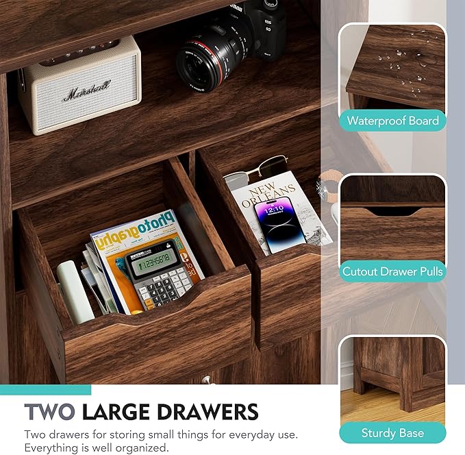 Vongrasig Bathroom Storage Cabinet, Freestanding Pantry Cabinet with 2 Drawers and Adjustable Shelves, Wooden Floor Storage Organizer for Bathroom, Living Room, Kitchen, Entryway, Farmhouse, Brown