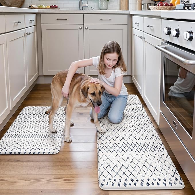 KIMODE Kitchen Mats 2PCS,Cushioned Anti Fatigue Boho Kitchen Rugs and Mats,Non Slip Waterproof Kitchen Mats for Floor,Comfort Foam Standing Desk Mat for Home,Office,Sink,Laundry,Blue and White