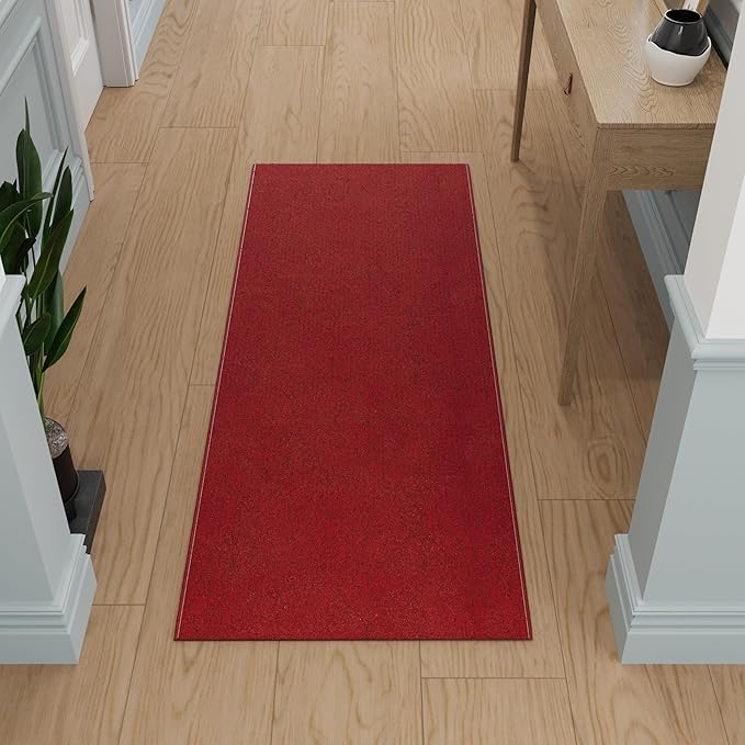 Ottomanson 2'7" x 9' Ultra-Thin Hallway Runner Rug - Durable Non-Slip Carpet for High-Traffic Areas - Fits Under Doors for Seamless Entry - Ideal for Kitchen, Entryway, Bedroom & Living Room, Red