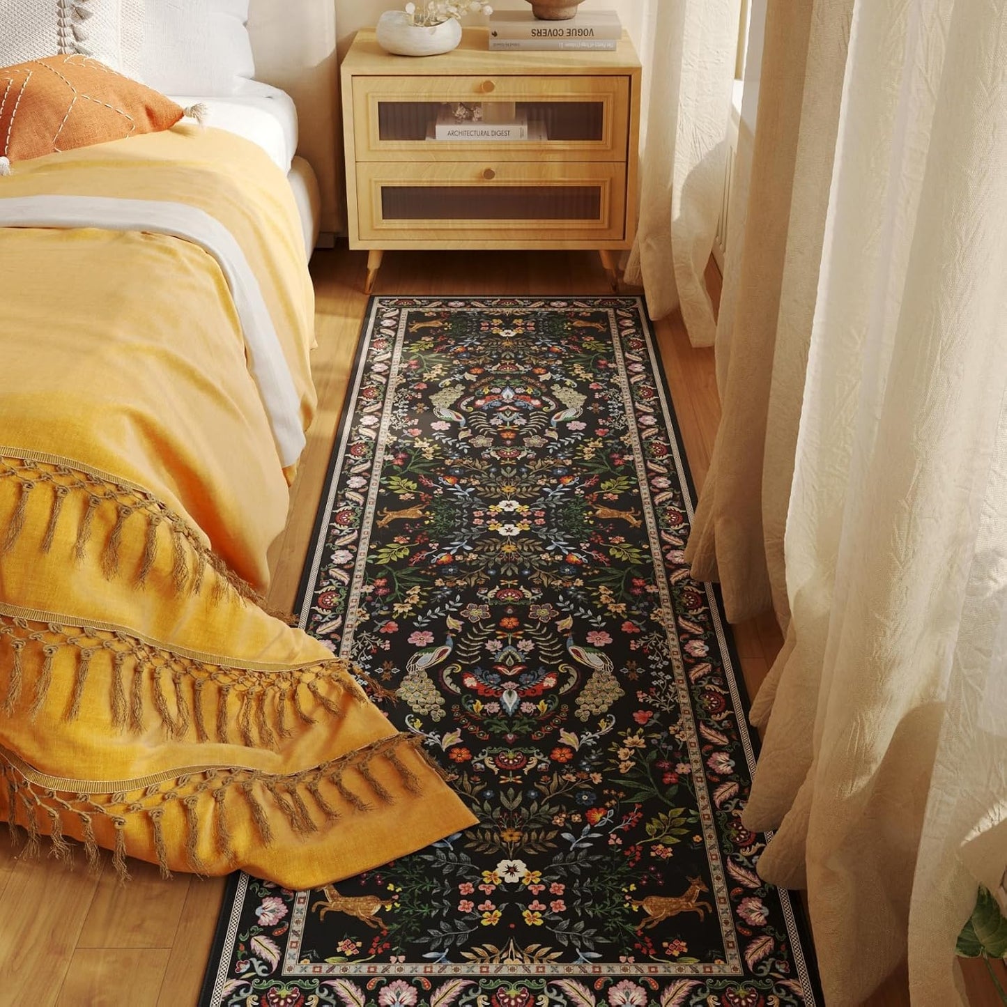 Runner Rug Washable Kitchen 2'6''x8' Rug for Entryway Indoor Floral Non-Slip Soft Carpet Runner for Hallways, Kitchen, Laundry, Bedroom, Bathroom (Vibrant Black)