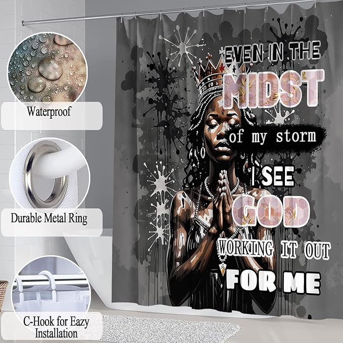4 PCS Black Queen Shower Curtain Set with Waterproof Shower Curtain, Non-Slip Bath Mat, Absorbent Rug, Toilet Lid Cover, Inspirational Quote Afrcia American Black Woman Halloween Bathroom Decor Set