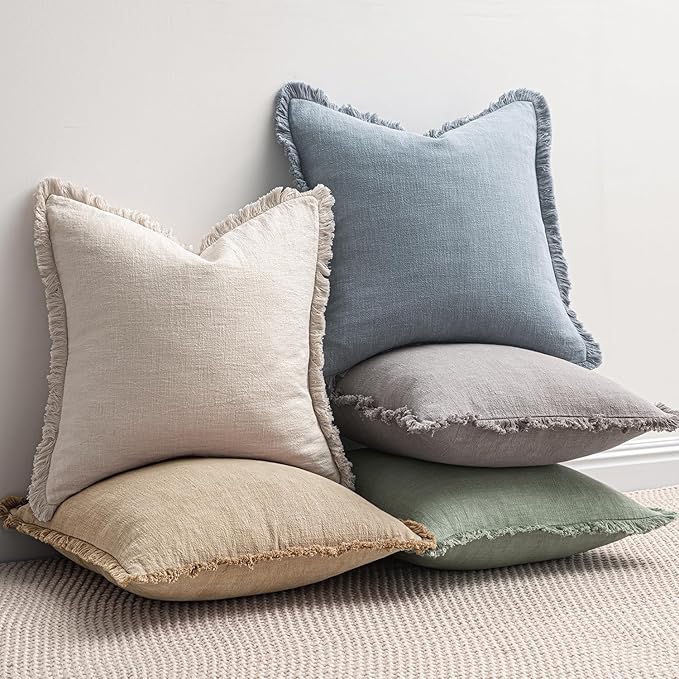 MIULEE Decorative Throw Pillow Covers Neutral Linen Fringe Throw Pillows Set of 2 Light Blue Boho Farmhouse Cushion Covers with Tassels for Couch Sofa Bed Living Room Spring Home Decor 18x18 Inch