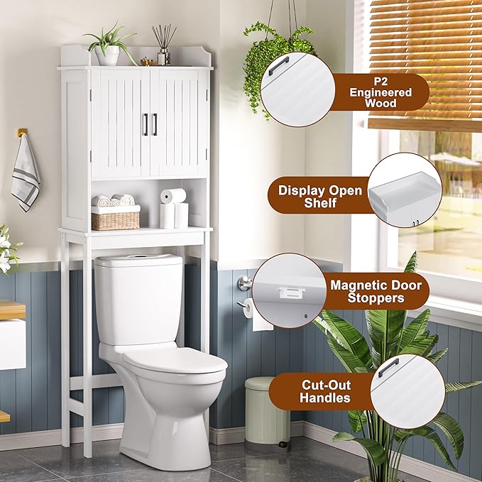 MUPATER Bathroom 67" Storage Cabinet Organizer with Shelves and Doors, Small Freestanding Toilet Shelf Space Saver with Anti-Tip Design and Adjustable Bottom Bar, White