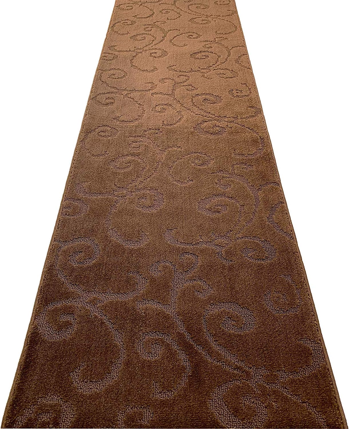 Custom Length Hallway Runner Rug,Slip Resistant,Scroll Brown, 26 Inch X 7 feet, Sold and Priced Per Foot