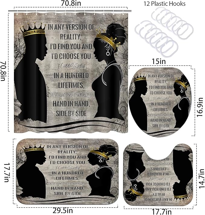 4 Pcs King Queen Couple Shower Curtain Set, Black Man Women Bathroom Sets with Shower Curtains and Rugs Toilet Lid Cover Bath Mat, Romantic Words Waterproof Fabric Bathroom Decor