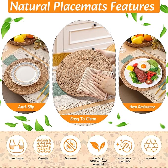 4 Sets Boho Placemats Round Woven Placemats, Cloth Napkins, Wood Bead Napkin Rings, Long Table Runner and Farmhouse Rustic Natural Burlap Cotton for Kitchen Dining Table Home (Green)