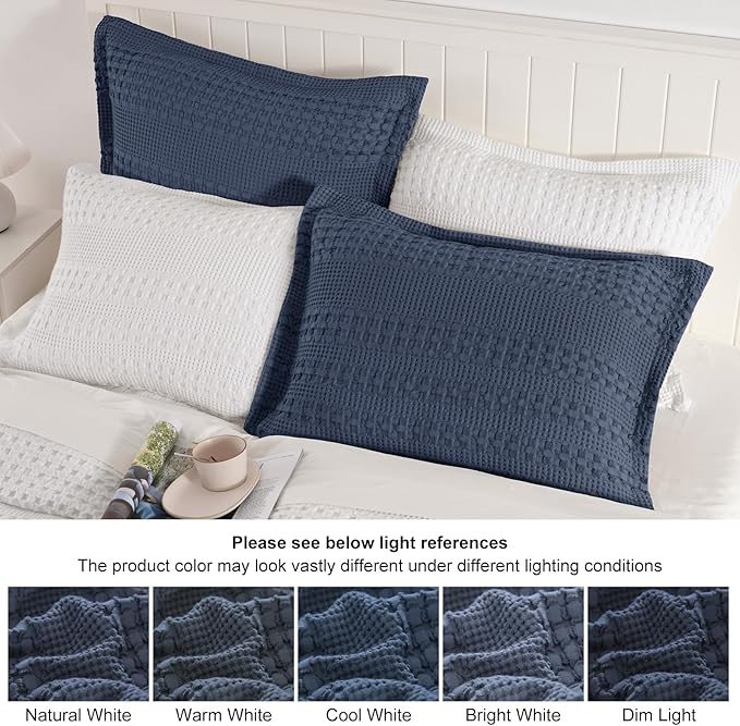 PHF 100% Cotton Ruffle Waffle Pillow Shams Standard Size, 2 Pack 20" x 26" Soft Skin-Friendly Pillowcases, No Filling, Aesthetic Home Decor, Breathable Waffle Weave Bed Pillow Covers, Dark Navy