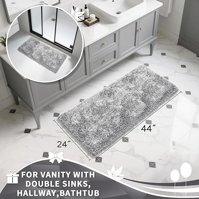 Yimobra Long Bathroom Rug Non Slip 44x24 Inch, Extra Thick Soft Absorbent Chenille Bath Mat, Machine Washable Bath Rugs for Bathroom Floor, Tub and Shower, Home Decor Accessories, Light Grey