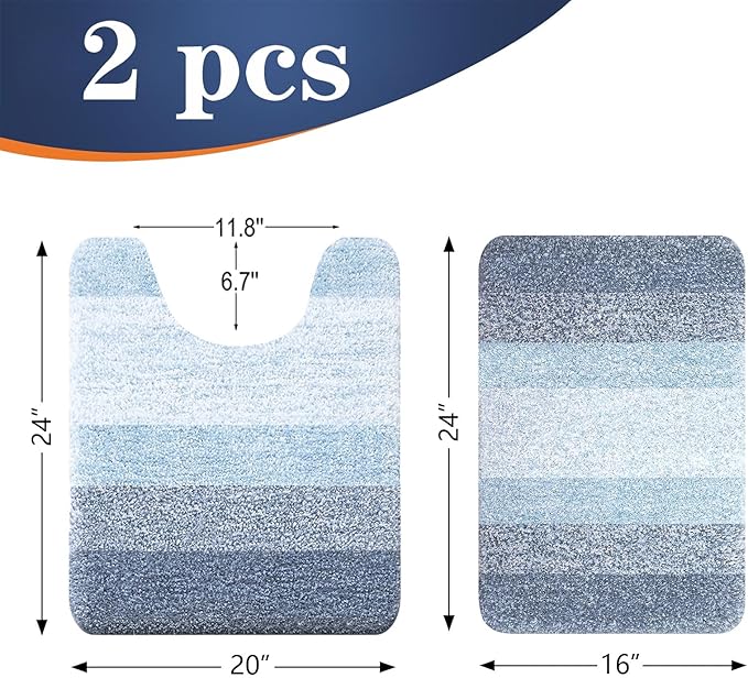 OLANLY Bathroom Rug Set 2 Piece, Soft Absorbent Microfiber Bath Mats and U-Shaped Contour Toilet Rug, Non-Slip, Machine Wash Dry, Plush Shaggy Bath Mats for Bathroom (24"x16"+24"x20", Blue)