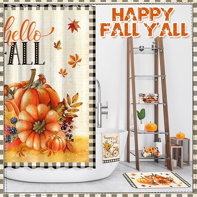 8 Pcs Hello Fall Grid Shower Curtain Set for Bathroom Include Harvest Autumn Pumpkin Shower Curtain Towels Non Slip Rugs Toilet Lid Cover Bath Mat and 12 Hooks for Autumn Bathroom Decor
