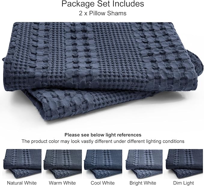 PHF 100% Cotton Waffle Pillow Shams Standard Size, 2 Pack 20" x 26" Soft Skin-Friendly Pillowcases, No Filling, Aesthetic Woven and Breathable Waffle Weave Pillow Case Covers for Bed, Dark Navy