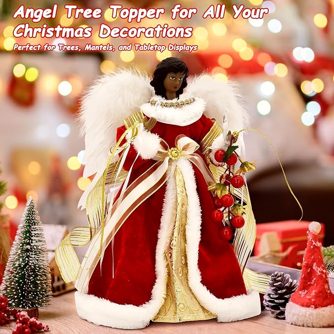 Angel Christmas Tree Topper with Lights, Lighted Tree Toppers Christmas Decorations, Elegant and Durable, Perfect for Holiday Home Decor and Gifts, Red, WOKEISE