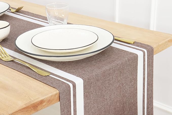 PurpleEssences French Striped Table Runner 72 inches Long Stripe Runner 14 x 72 Inch 100% Cotton - Durable Washable Fabric for Fall Thanksgiving - H.White and Nut Brown