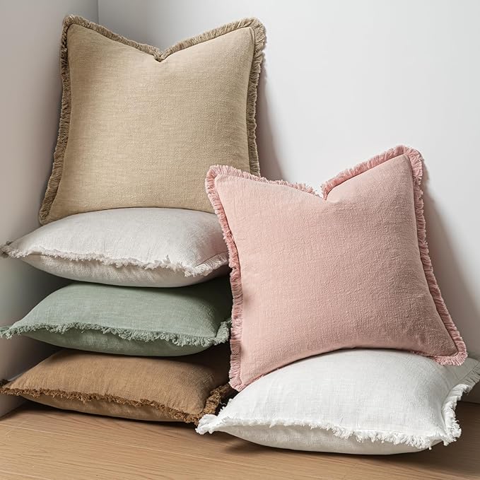 MIULEE Decorative Throw Pillow Covers Neutral Linen Fringe Throw Pillows Set of 2 Pink Boho Farmhouse Cushion Covers with Tassels for Couch Sofa Bed Living Room Spring Home Decor 20x20 Inch