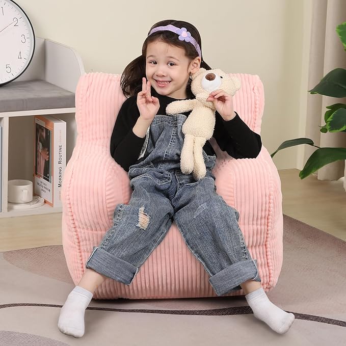 Kids Bean Bag Chair with a Plush Bear, Comfy Toddler Chair for Boys and Girls, Pink