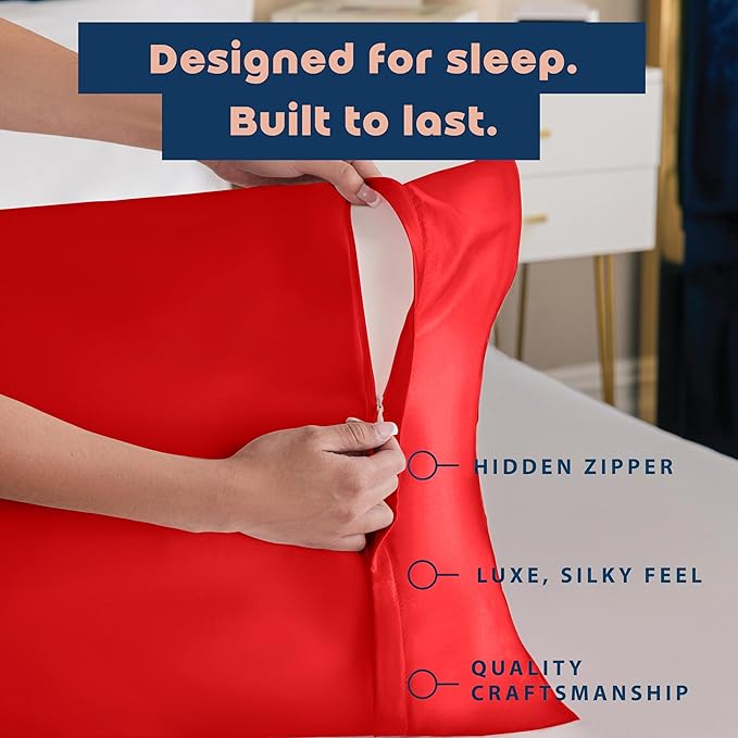 Satin Pillowcase with Zipper, for Hair and Skin Care, Feels Soft and Cool Like a Silk Pillowcase, Red Satin Pillow Cases Set of 2, Slik Pillow Cover, Standard Size - 2 Pack