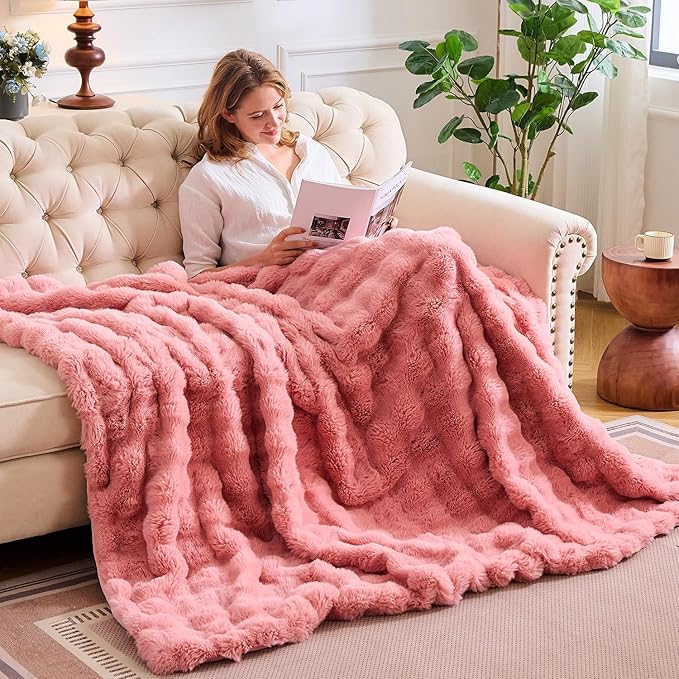 Lotus Karen Faux Fur Blanket Old Pink Queen Size - Big Bubble Rabbit Fluff Throw for Couch Small Fluffy Fuzzy Cozy Thick Furry Plush Shaggy Blankets 90x90 Inches