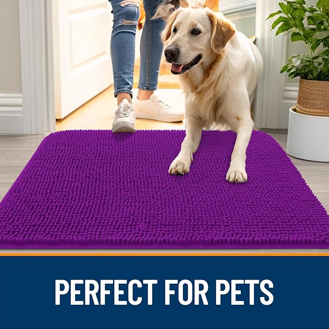 OLANLY Dog Door Mat for Muddy Paws 36x24, Absorbs Moisture and Dirt, Absorbent Non-Slip Washable Doormat, Quick Dry Chenille Mud Mat for Dogs, Entry Indoor Entryway Carpet for Inside Floor, Purple