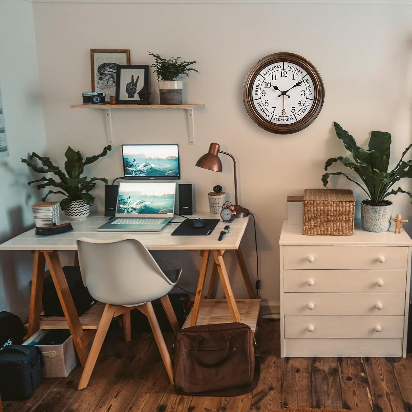 45MinST 12 Inches Retro Wall Clock,Day of The Week Wall Clock,Calendar Day Clock,Silent Non Ticking Battery Operated Movement(Bronze)