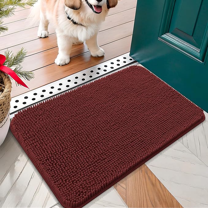 OLANLY Dog Door Mat for Muddy Paws 24x16, Absorbs Moisture and Dirt, Absorbent Non-Slip Washable Doormat, Quick Dry Chenille Mud Mat, Entry Indoor Entryway Carpet for Inside Floor, Caramel Russet