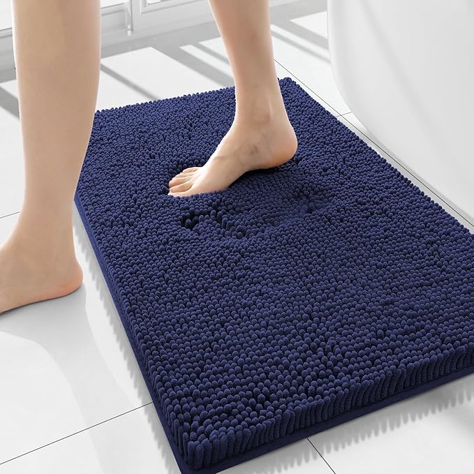 Smiry Luxury Chenille Bathroom Rugs 34x21, Extra Soft and Absorbent Shaggy Bath Mat, Machine Washable, Non-Slip Plush Carpet Runner for Tub, Shower, and Floor, Home Decor Accessories, Navy Blue