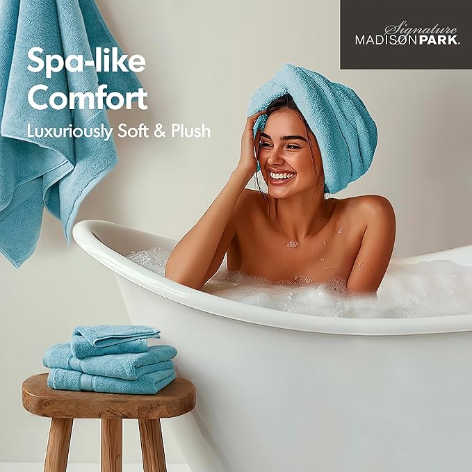 Madison Park 800GSM Bathroom Towel Set of 8 100% Cotton Bath Towel Set for Bathroom Luxurious Highly Absorbent 2 Bath Towels 2 Hand Towels 4 Washcloths Quick Dry Spa Quality Aqua