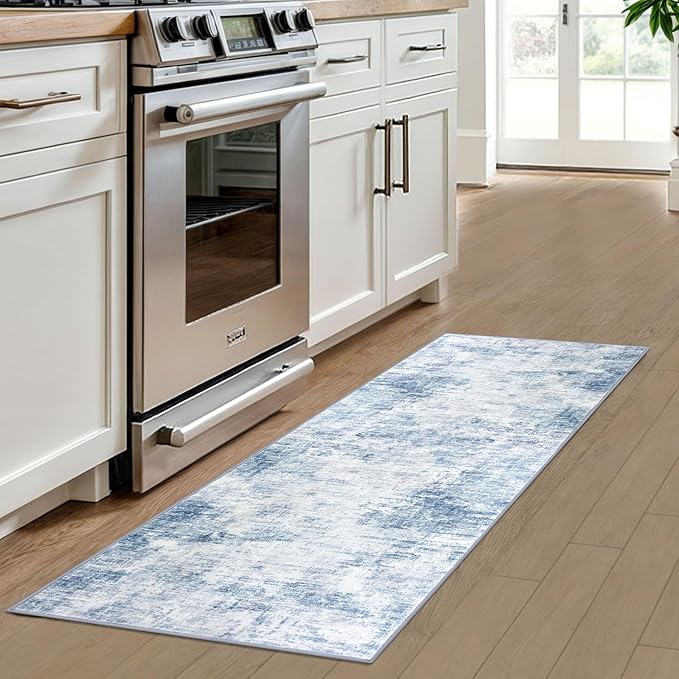 IOHOUZE Abstract Runner Rug 2x6 Ft Washable Runners for Hallways, Non Slip Kitchen Runner Printed Faux Wool Entryway Runner Indoor, Modern Abstract Floor Carpet for Hall Bedroom, Light Blue White
