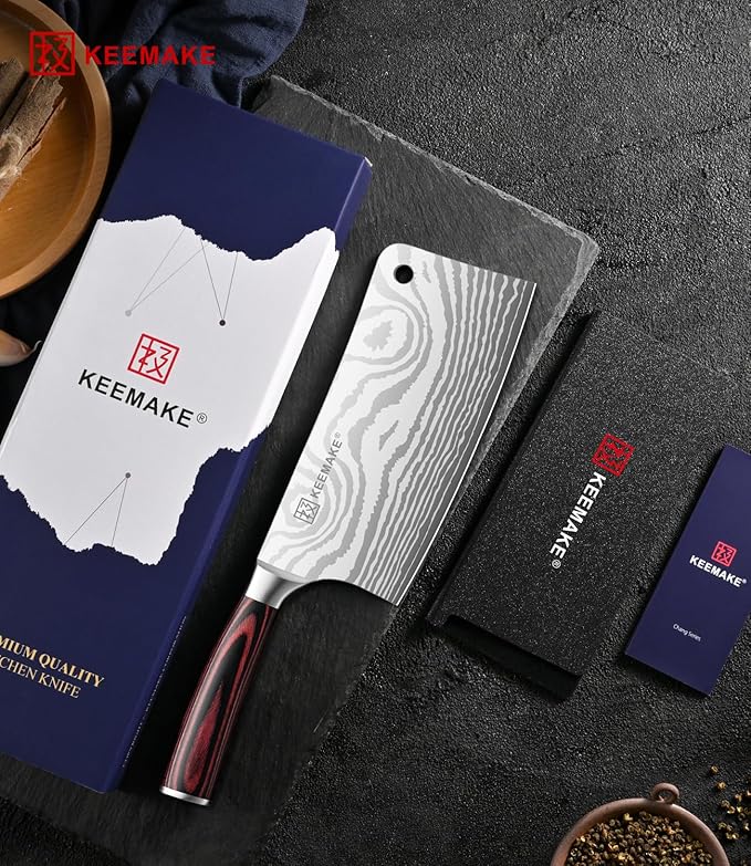 KEEMAKE Meat Cleaver Knife 7-Inch Razor Sharp High Carbon Steel Kitchen Knife, Butcher Knife Perfect for Chopping Meat & Veggies, Pakkawood Handle Ideal for Home & Professional Chefs, W/Sheath