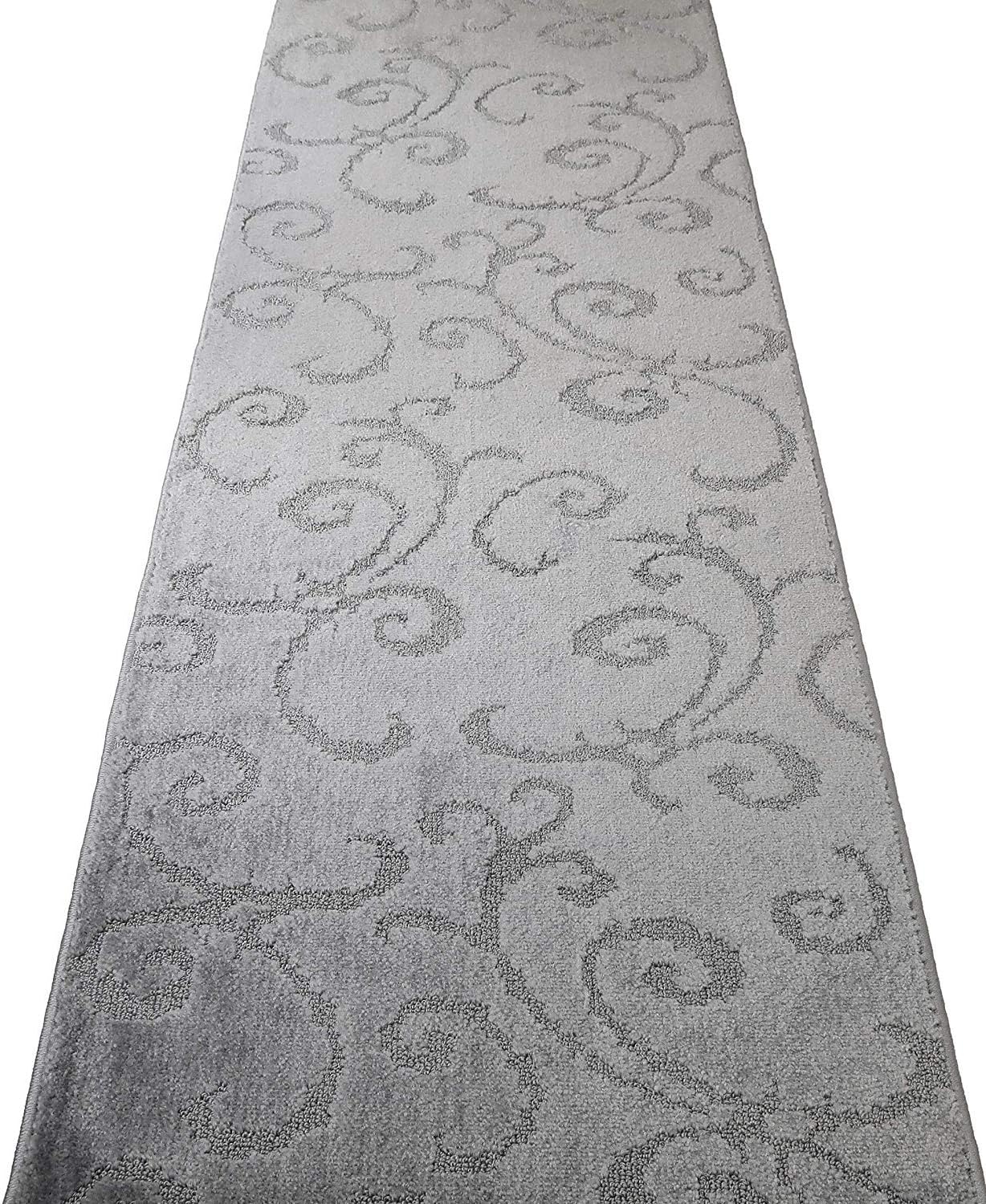Custom Length Hallway Runner Rug,Slip Resistant,Scroll Grey, 26 Inch X 13 feet, Sold and Priced Per Foot