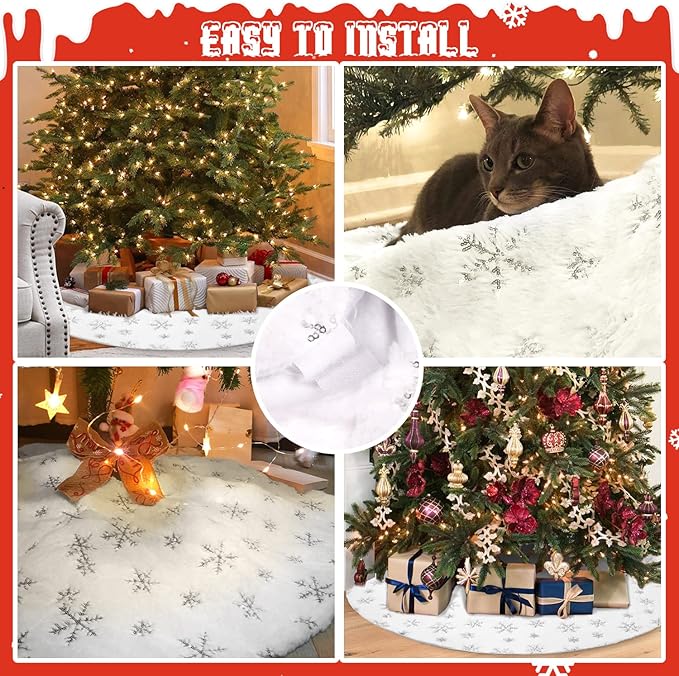 Hommtina Christmas Tree Skirt 48 Inches White Tree Skirt,Christmas Tree Decorations Faux Fur Tree Skirt for Xmas Holiday Home Party Decorations Ornaments(Snowflake)