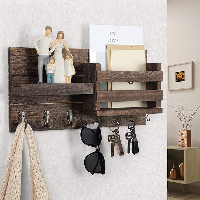 Mail Organizer for Wall Mount – Key Holder with Shelf Includes Letter Holder and Hooks for Coats, Dog Leashes – Rustic Wood with Flush Mounting Hardware (16.5” x 8.7” x 3.5”)