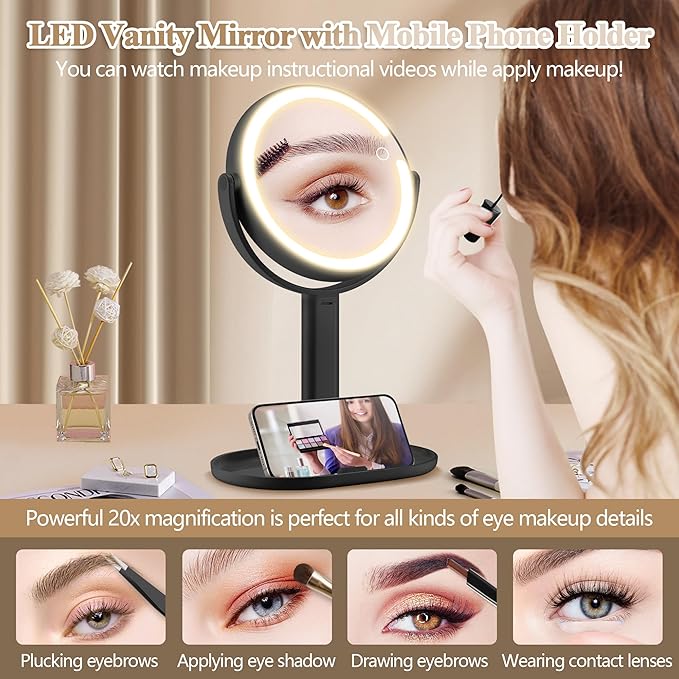 Makeup Mirror with Lights, Double Sided 1x/20x Magnifying Mirror with Light, Rechargeable 3 Color Lights and Adjustable Brightness, 360° Rotation Detachable Comes with Tweezer(Black)