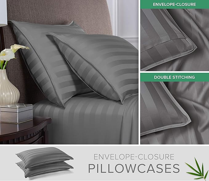 Split King Sheets by Pure Bamboo, Genuine 100% Organic Viscose Derived from Bamboo Bed Sheet Set, Soft & Cooling, Double Stitching *Not for Split Top (Split King, Jacquard Stone)