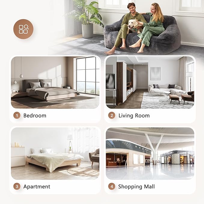 Homguava Oversized Bean Bag Chair for Adults, Giant Bean Bag Sofa,Bean Bag Couch with Soft Faux Fur Cover & Wide Armrests Big BeanBag Lazy Sofa for Bedroom,Living Room,Apartment (Grey)