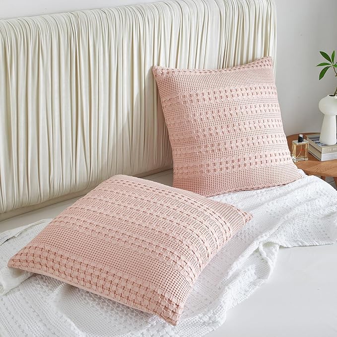 PHF 100% Cotton Waffle Weave Pillow Covers 24" x 24", 2 Pack Luxury Square Shell for Elegant Home Decor, No Filling, Luxury Aesthetic Soft Pillow Covers for Bed, Pink