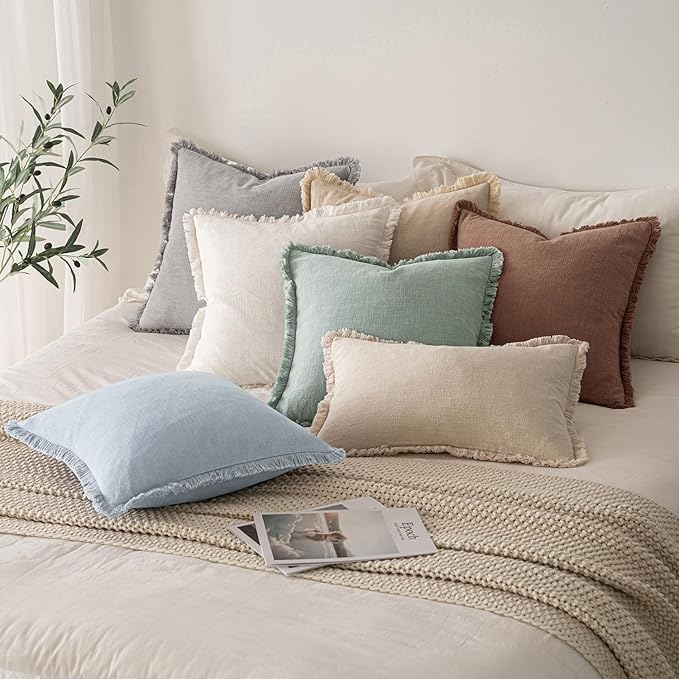 MIULEE Decorative Throw Pillow Covers Neutral Linen Fringe Throw Pillows Set of 2 Sky Blue Boho Farmhouse Cushion Covers for Couch Sofa Bed Living Room Spring Home Decor 20x20 Inch