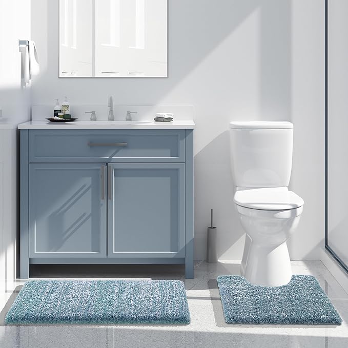 Yimobra Toilet Rugs U Shaped Washable 24x20, Ultra Soft and Water Absorbent Bath Mats, Non Slip Fluffy Shaggy Luxury Microfiber Contour Bath Rugs for Toilet, Dry Quick, Denim Blue and White