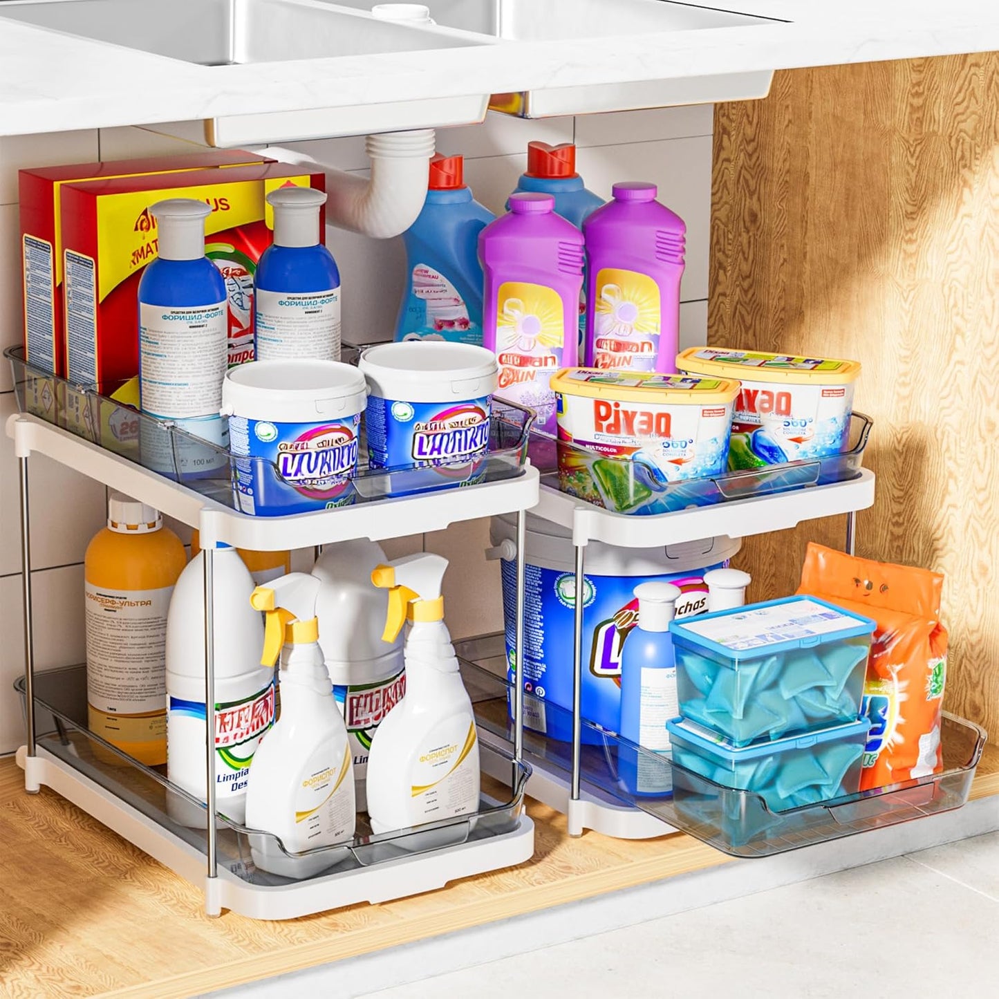 Delamu 2 Sets of 2-Tier Multi-Purpose Bathroom Under Sink Organizers and Storage, Stackable Kitchen Pantry Organization, Pull Out Medicine Cabinet Organizer with 8 Movable Dividers, Grey