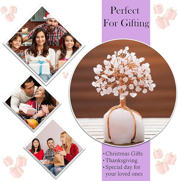 Rose Quartz Gemstone Tree of Life Natural Rose Quartz Stone Base, Copper Wire Money Tree, Crystal for Positive Energy Attract Good Luck, Chakra Feng Shui Decor, Spiritual Gift