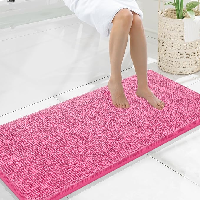 Smiry Luxury Chenille Bathroom Rugs 47x20, Extra Soft and Absorbent Shaggy Bath Mat, Machine Washable, Non-Slip Plush Carpet Runner for Tub, Shower, and Floor, Home Decor Accessories, Hot Pink