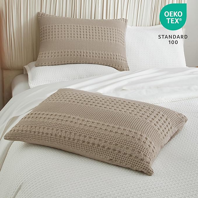 PHF 100% Cotton Waffle Pillow Shams King Size, 2 Pack 20" x 36" Soft Skin-Friendly Pillowcases, No Filling, Aesthetic Woven and Breathable Waffle Weave Pillow Case Covers for Bed, Simply Taupe