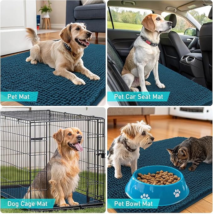 OLANLY Dog Door Mat for Muddy Paws 36x24, Absorbs Moisture and Dirt, Absorbent Non-Slip Washable Doormat, Quick Dry Chenille Mud Mat, Entry Indoor Entryway Carpet for Inside Floor, Atlantic Blue