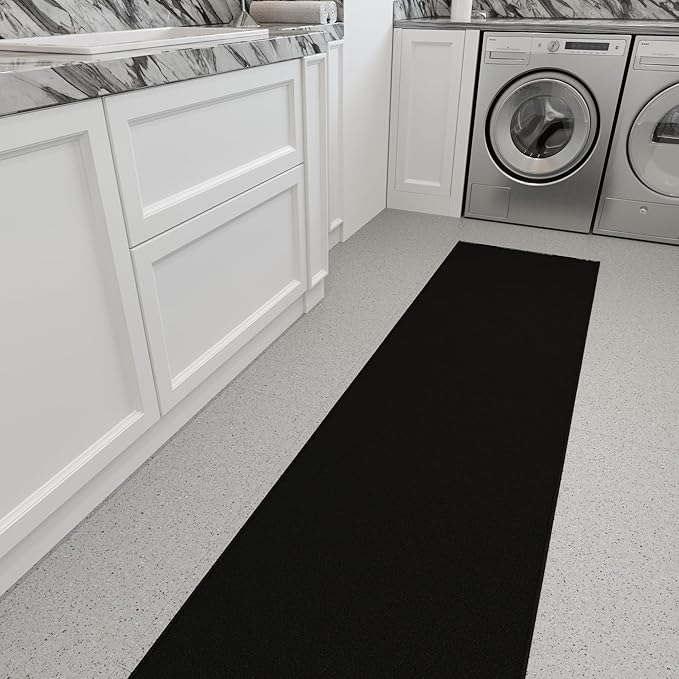 Ottomanson 2x10 Non Slip Extra Long Hallway Runner Rug with Rubber Backing - Solid Modern Kitchen Rug for Bedroom or Living Room, Black, 2' x 10'