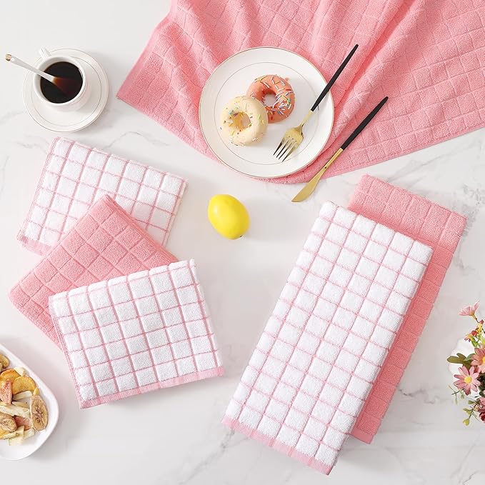 Homaxy Premium Cotton Kitchen Towels 16"x 28", Large Natural Ring Spun 390 GSM Dish Towels, Super Absorbent Terry Kitchen Hand Towels, Soft Tea Towel with Hanging Loop, Pink Check Design, 6 Pack