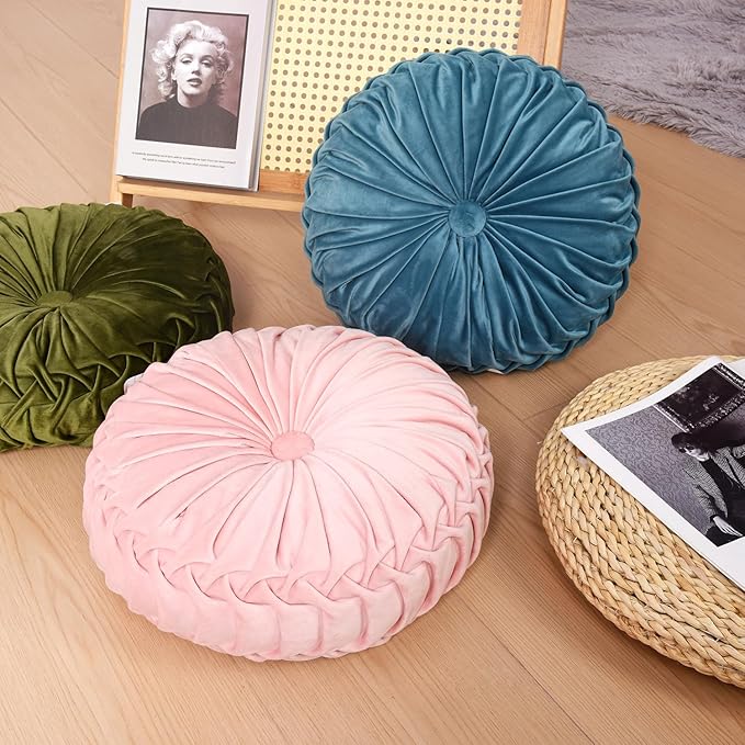 HIG Set of 2 Teal Ruched Velvet Round Throw Pillows – 14.5’’ Decorative Pillows with Soft Polyester Filling for Couch, Bed, Living Room, Bedroom, or Dorm – Handmade, Stress Relieving, All-Season