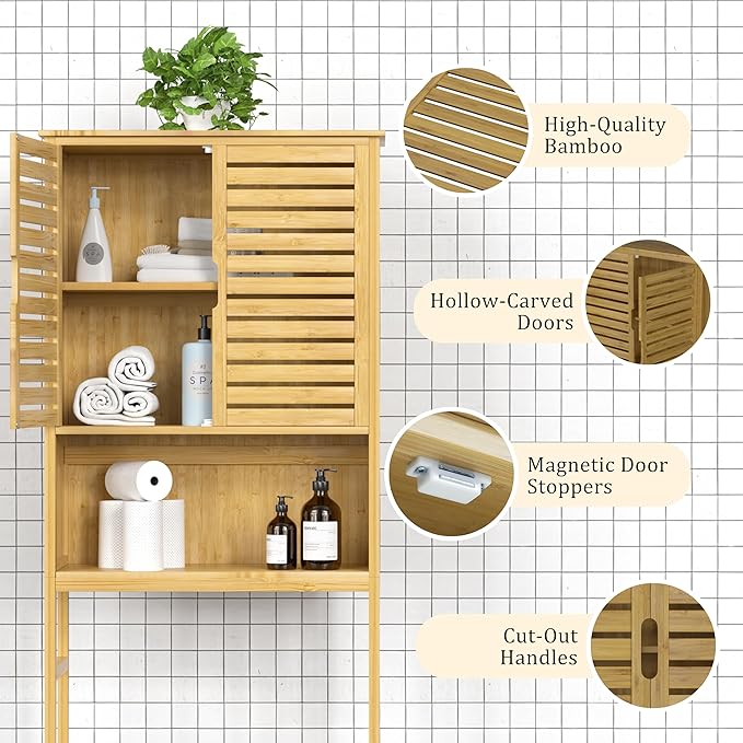 MUPATER 67" H Bathroom Over-The-Toilet Storage Cabinet with Doors and Shelves, Bamboo Over Toilet Organizer, Freestanding Tall Space Saver Toilet Rack, Natural Wood