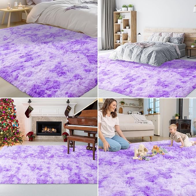 5x8 Tie Dyed Purple Fluffy Area Rugs for Bedroom, Soft Indoor Plush Rug for Living Room, Large Furry Fuzzy Shag Floor Carpet for Kids Nursery Boys Room Dorm Classroom Home Office Decor Mat